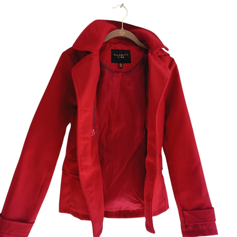 Celebrity Pink Red Trench Coat Hooded SZ S - Picture 5 of 5